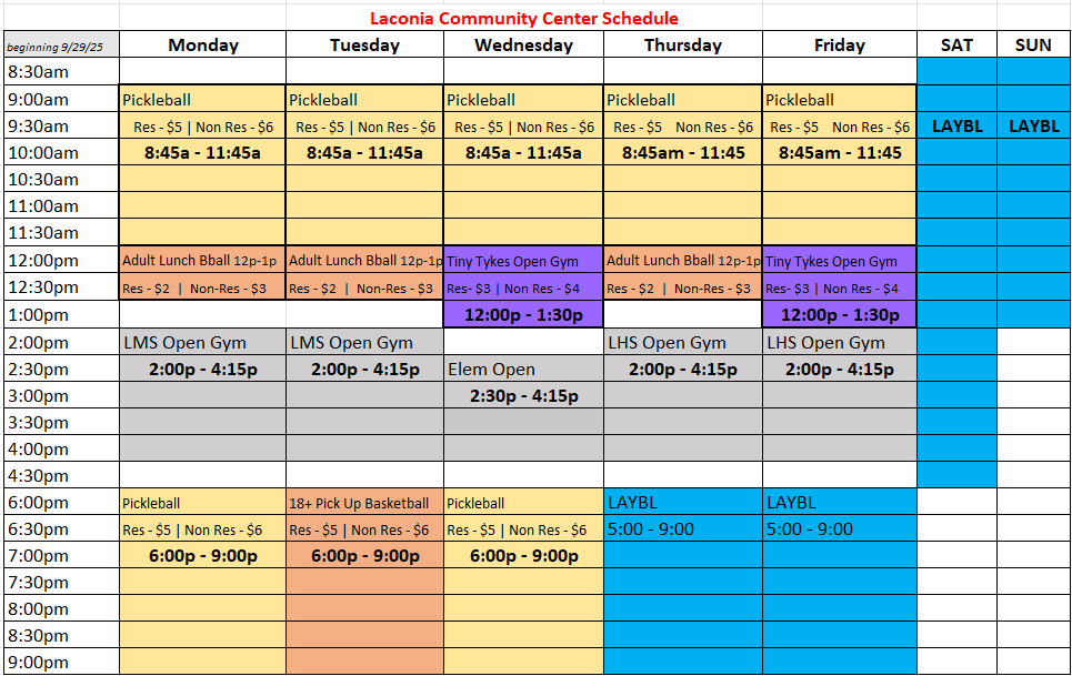 Community Center Schedule Winter 2025 & 2026